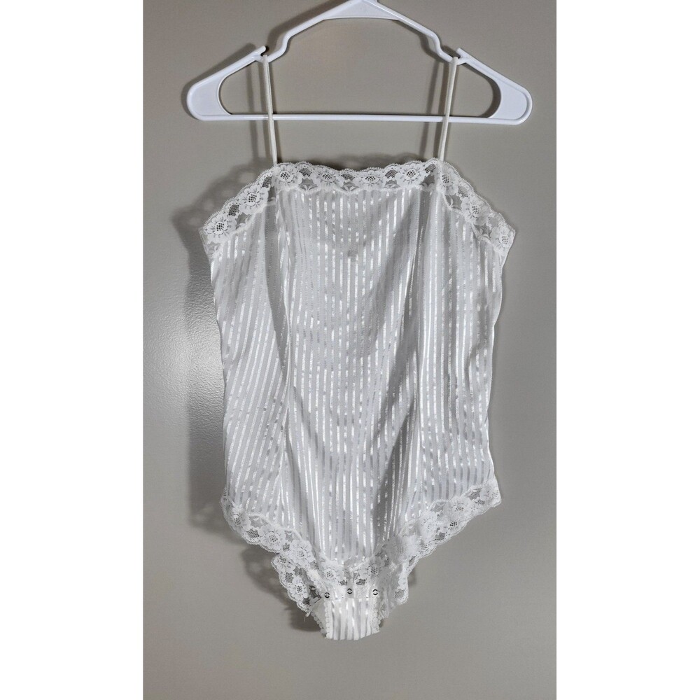 Vintage Carole White Sheer Stripe Lace Bodysuit 42 Teddy Coquette Romantic 90s